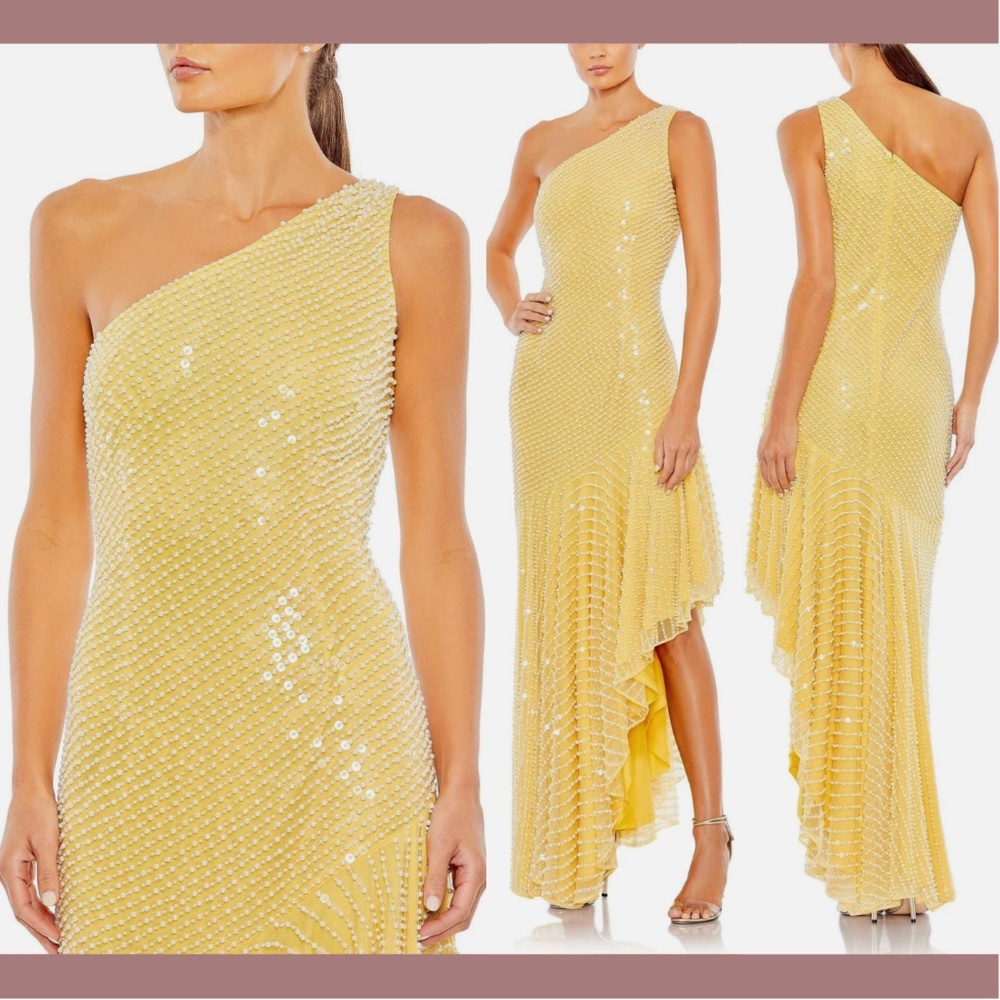 NWT $598 Mac Duggal [‎ 6 ] Pearl One Shoulder Asymmetrical Hem Dress Yellow
